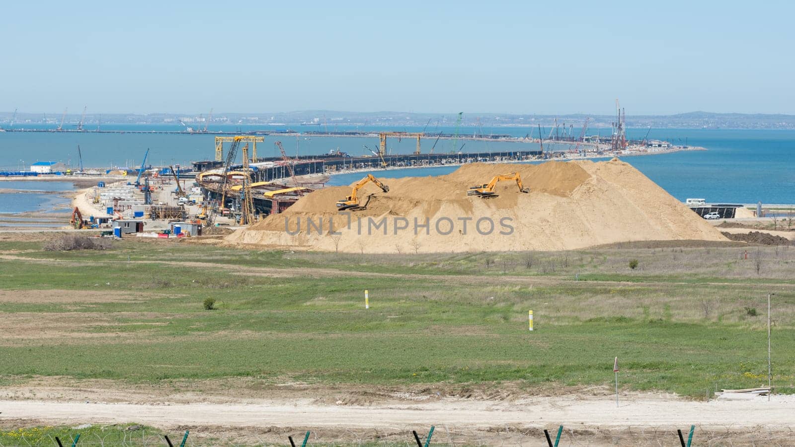 Taman, Russia - April 15, 2017: General view from the tamani side on the construction of the bridge across the Kerch Strait, as of April 2017
