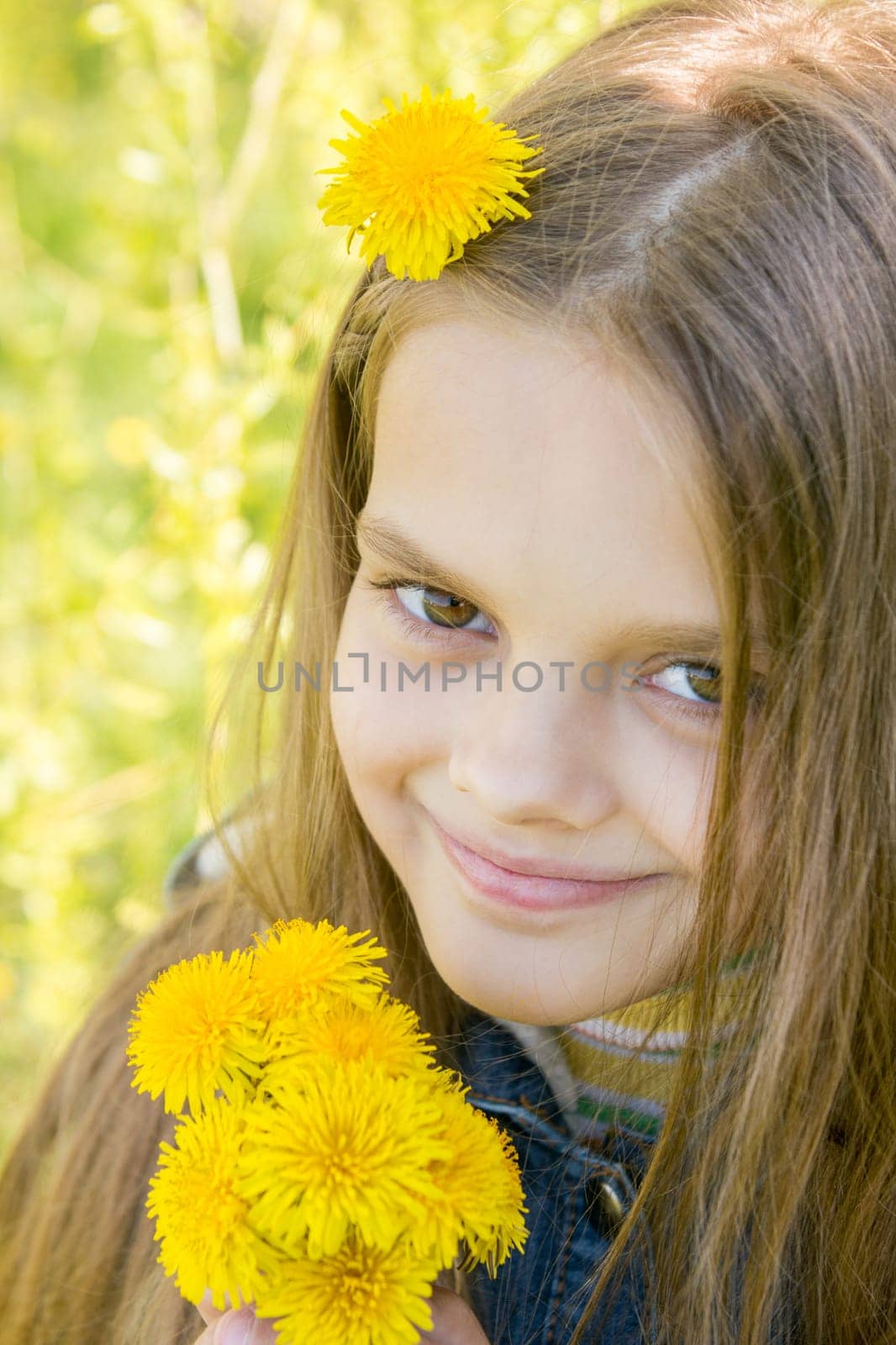 Portrait of a happy eight year old girl with dandelions in hands, against a background of green foliage