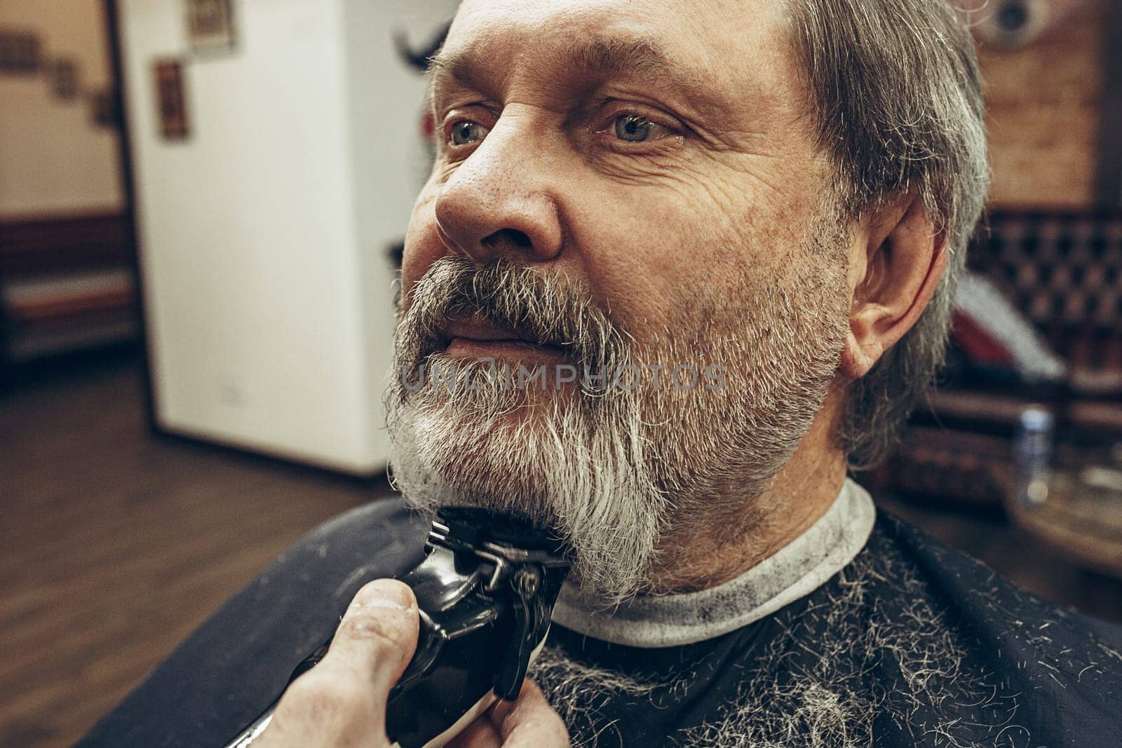 Close-up side view portrait of handsome senior bearded caucasian man getting beard grooming in modern barbershop. Hairdresser serving client, making beard haircut using shaving machine. Barber shop concept.