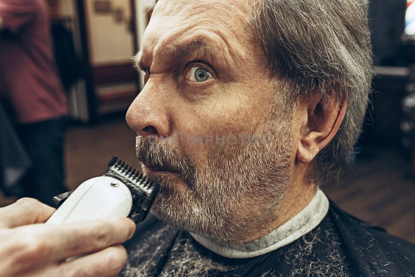 Close-up side view portrait of handsome senior bearded caucasian man getting beard grooming in modern barbershop. Hairdresser serving client, making beard haircut using shaving machine. Barber shop concept.