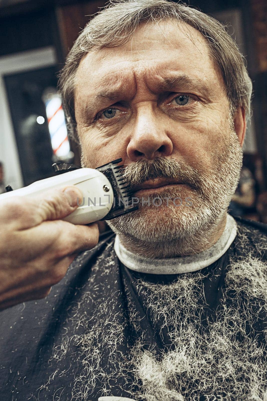 Close-up side view portrait of handsome senior bearded caucasian man getting beard grooming in modern barbershop. Hairdresser serving client, making beard haircut using shaving machine. Barber shop concept.