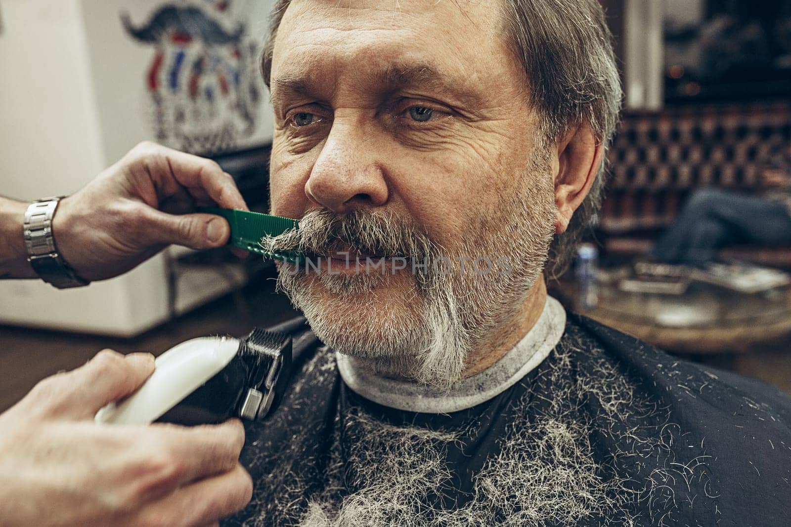 Close-up side view portrait of handsome senior bearded caucasian man getting beard grooming in modern barbershop. Hairdresser serving client, making beard haircut using shaving machine. Barber shop concept.