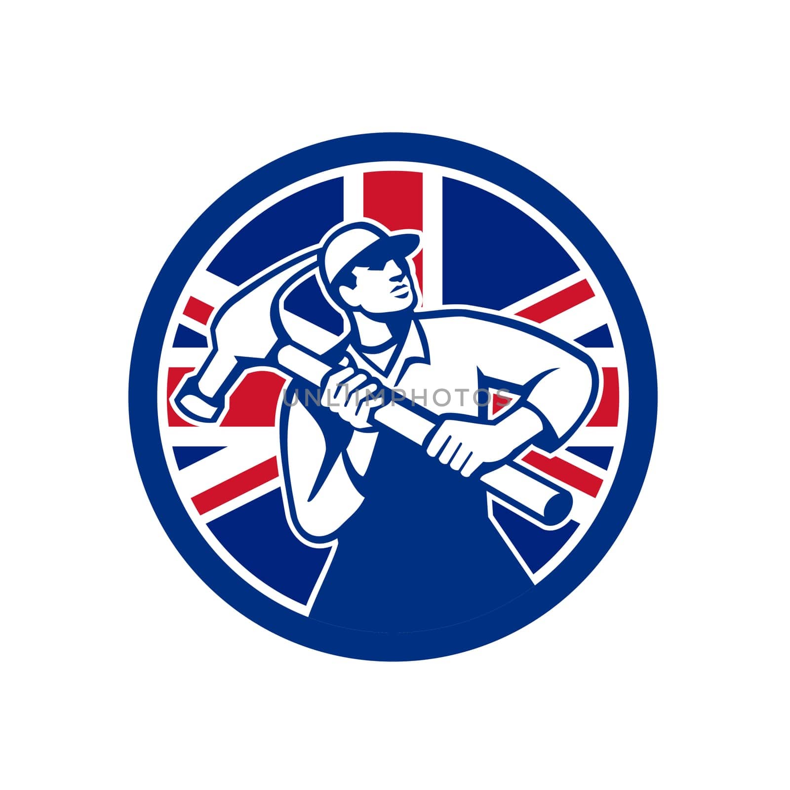 Icon retro style illustration of British handyman, carpenter, builder, joiner, construction worker holding hammer  with United Kingdom UK, Great Britain Union Jack flag set circle isolated background.
