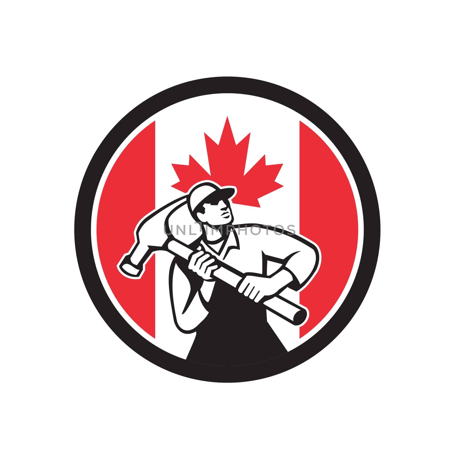 Icon retro style illustration of a Canadian handyman, carpenter, builder, joiner, construction worker holding a hammer with Canada maple leaf flag set inside circle on isolated background.
