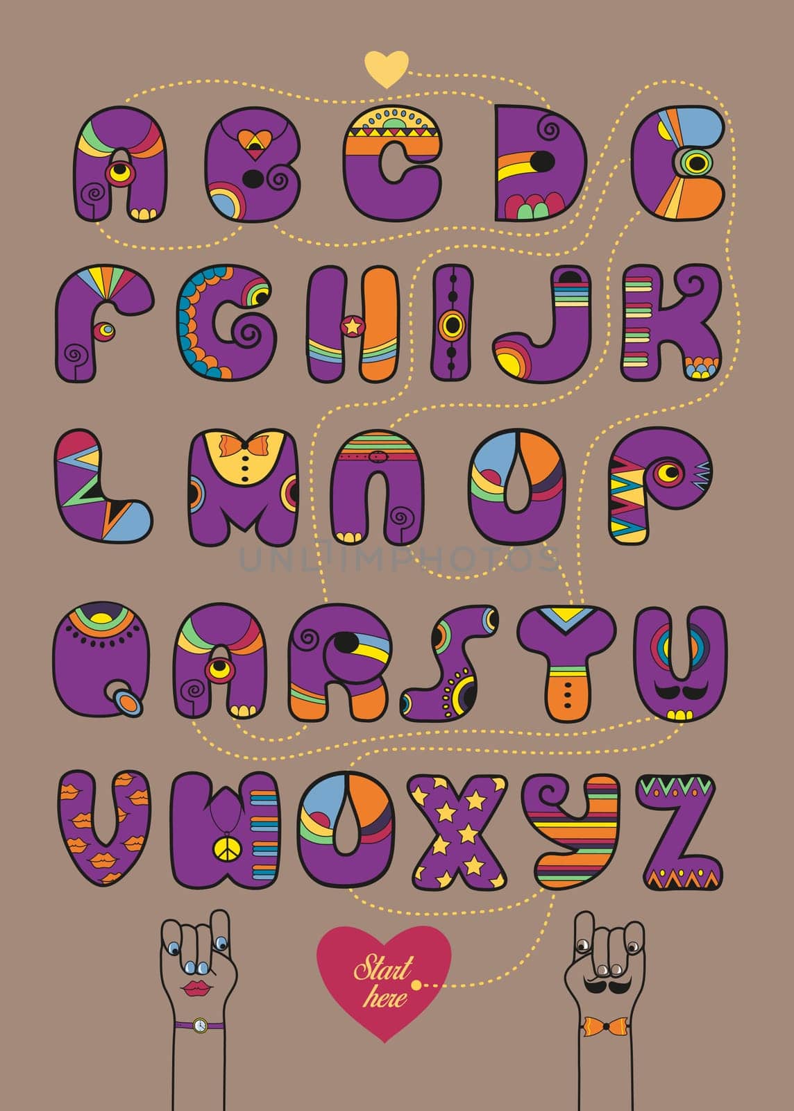 Artistic alphabet with encrypted romantic message You are not bad. Cartoon purple letters with bright decor. Funny hands looking at each other. Red heart is as the begining of message. Yellow heart is as the end. Illustration