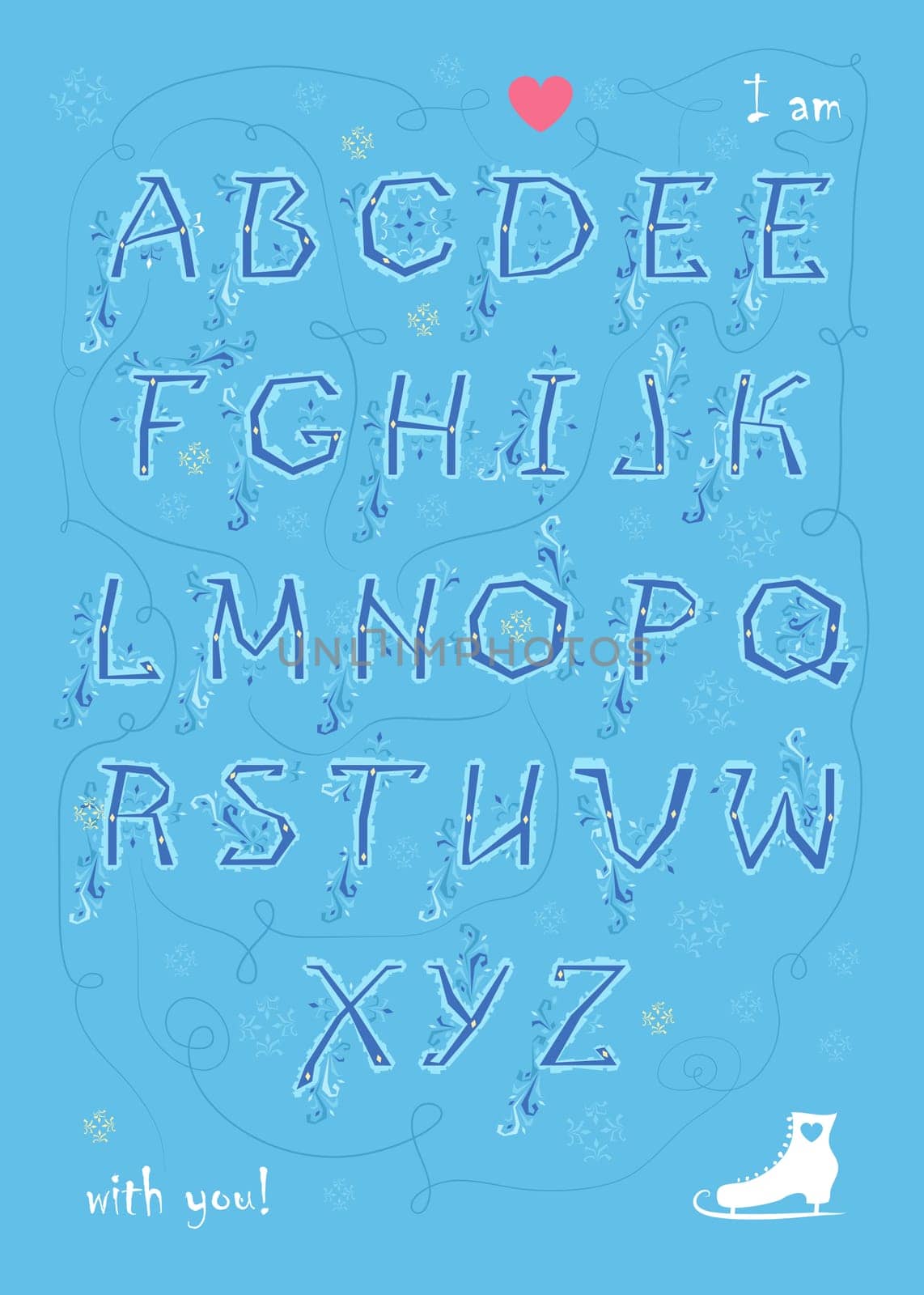 Artistic alphabet with encrypted romantic message I am enamored with you. Blue letters with geometric decor. White skate. Red heart. Graceful snowfall. Illustration