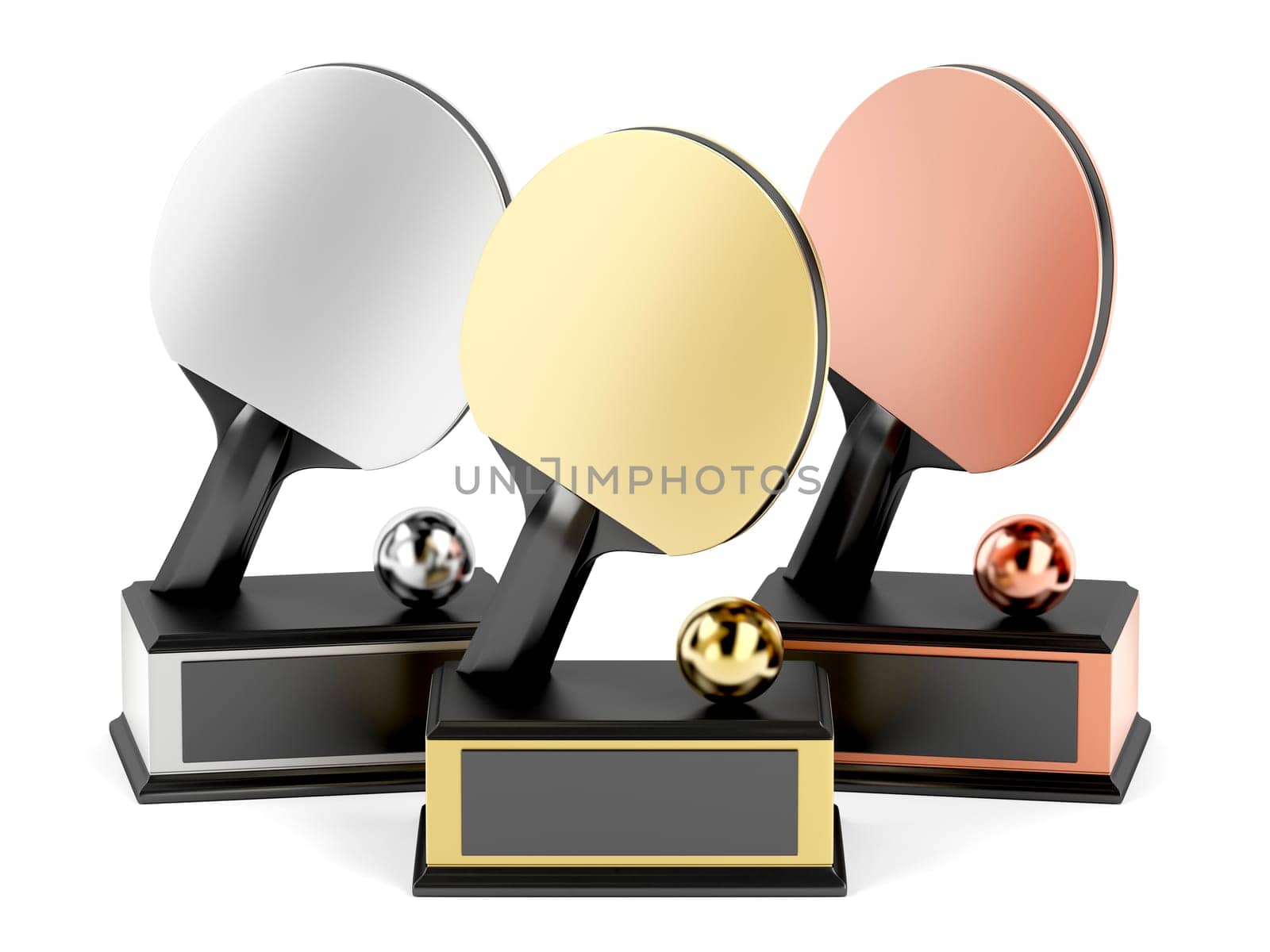 Gold, silver and bronze trophies for table tennis on white background