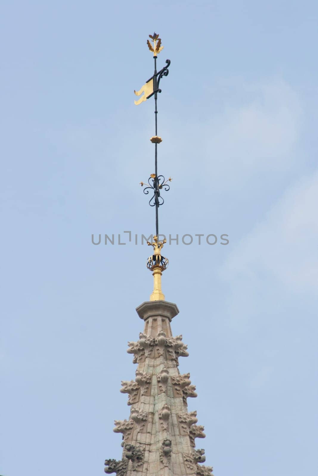 Spire with gold-trimmed weathercock, and blue sky in background