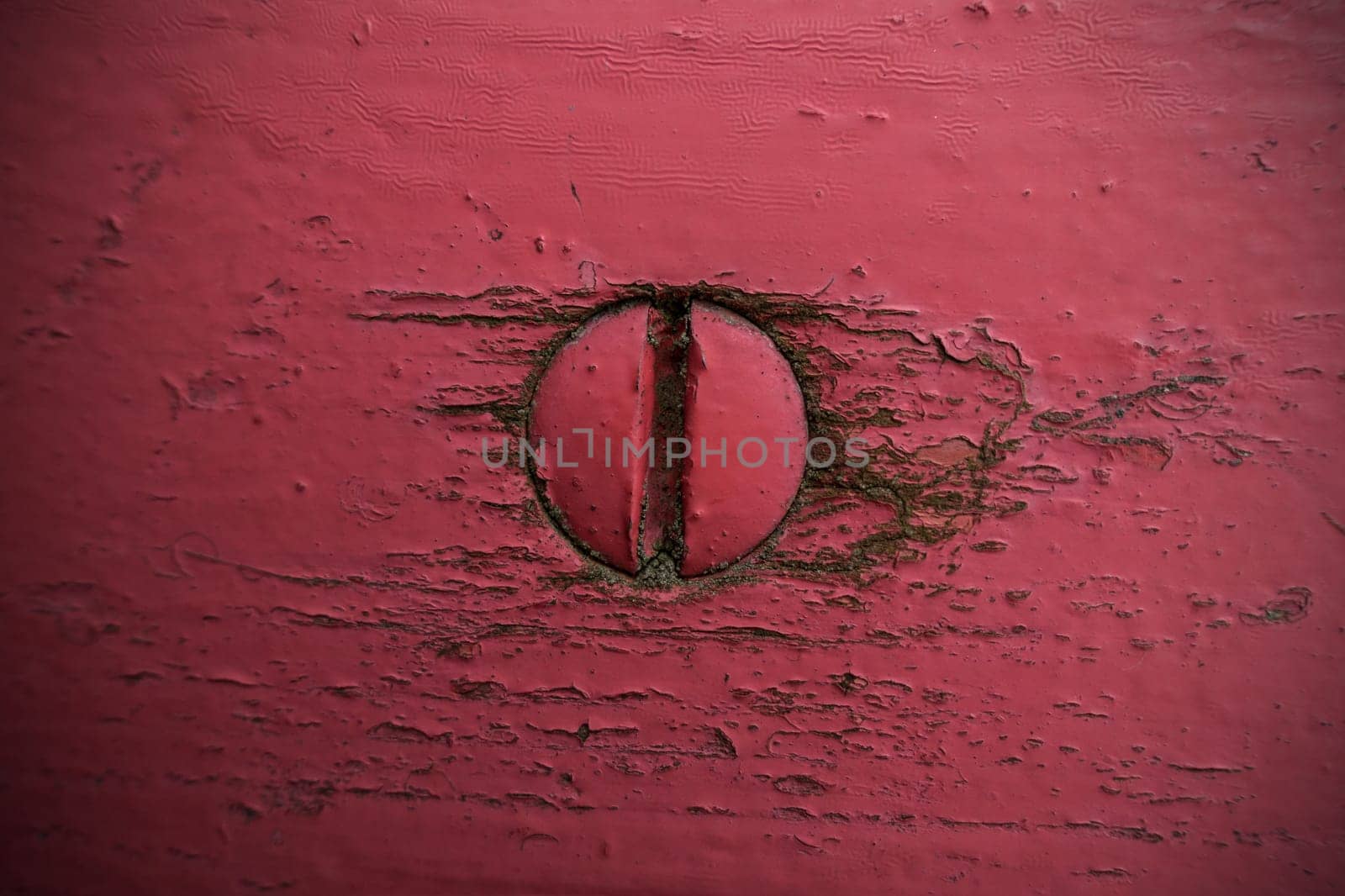 Screw head screwed in red painted wood