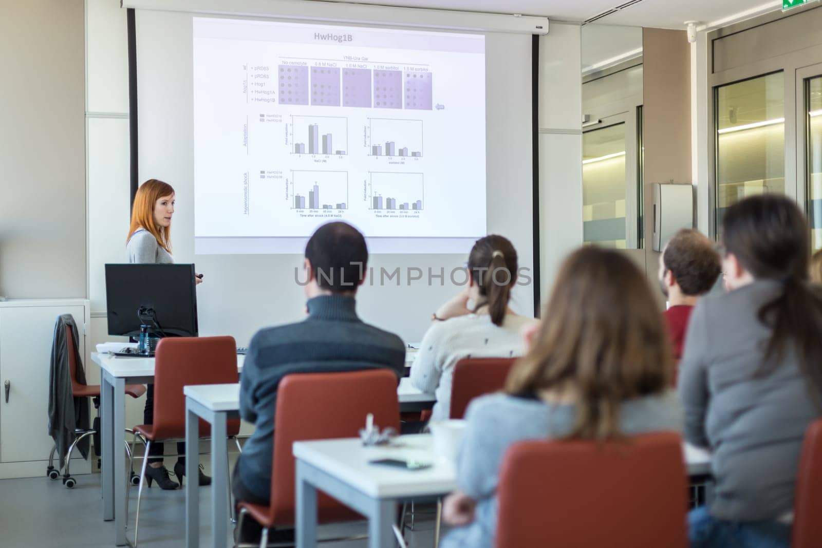 Female speaker giving presentation in lecture hall at university workshop. Audience in conference room. Rear view of unrecognized participant in audience. Scientific conference event.