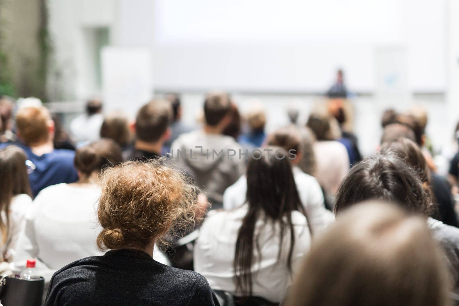 Female speaker giving presentation in lecture hall at university workshop. Audience in conference hall. Rear view of unrecognized participant in audience. Scientific conference event.