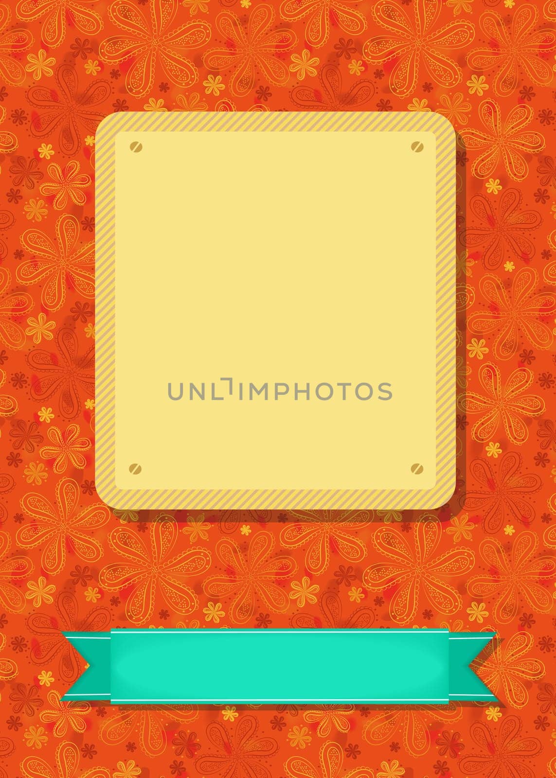 Floral greeting card. Red and yellow geometric flowers. Yellow and green banners for custom text. Orange background