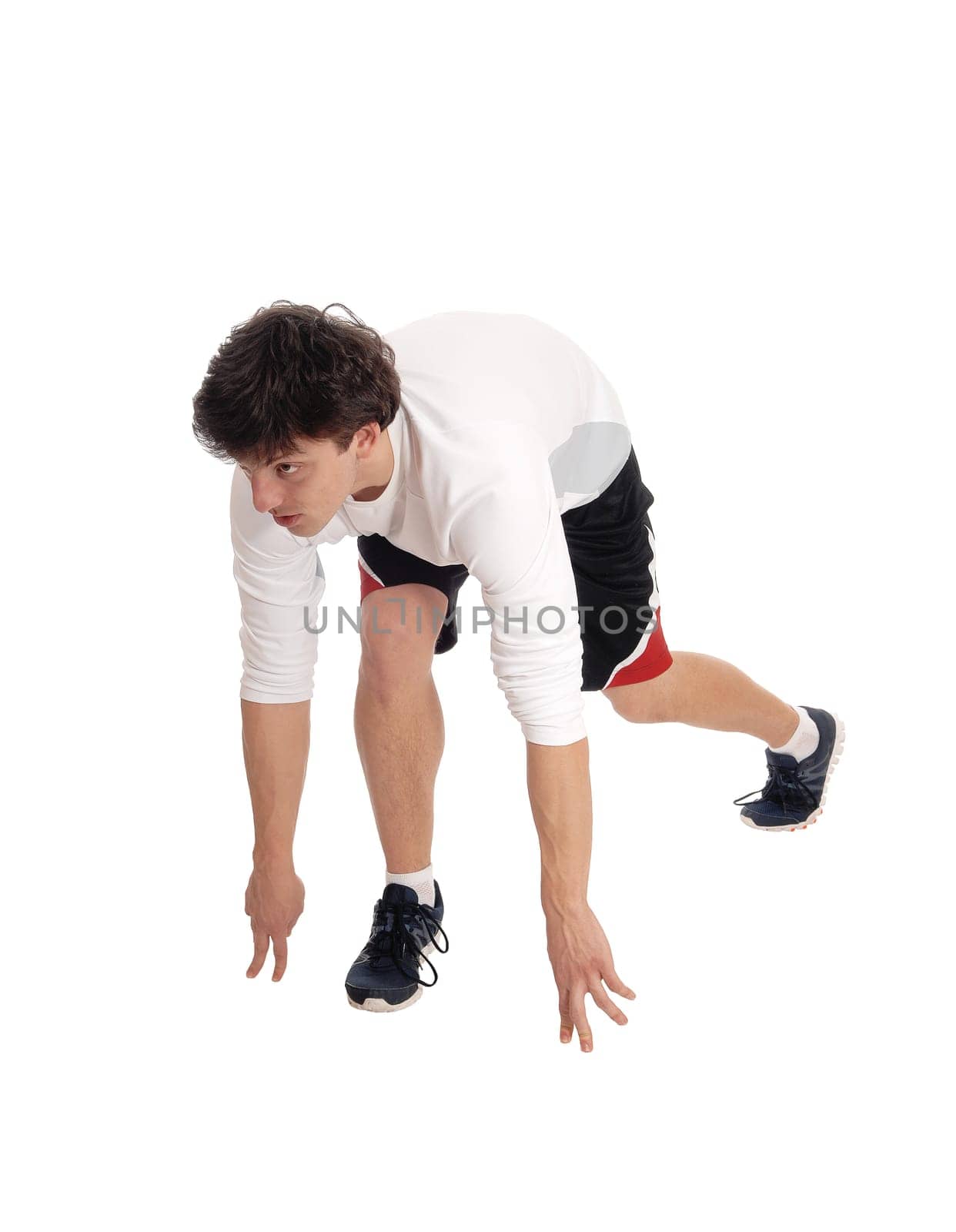A handsome you Caucasian man in exercise outfit and running shoe.are ready for a run, isolated for white background.