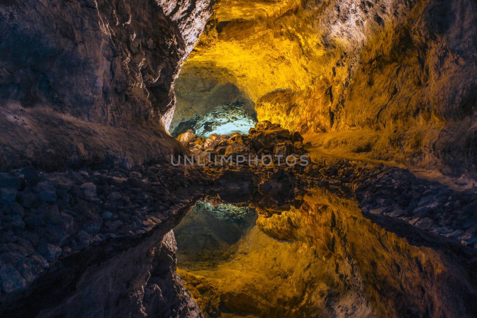 Underground lake inside volcanic cave "Cueva de los Verdes"" - Lanzarote, Canary Islands, Spain"