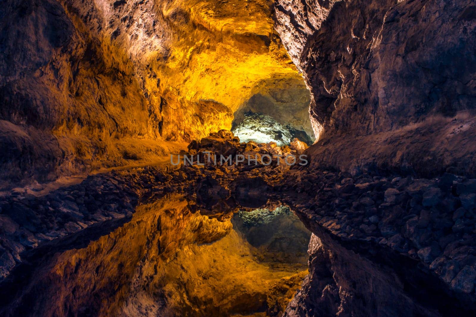Underground lake inside volcanic cave "Cueva de los Verdes"" - Lanzarote, Canary Islands, Spain"