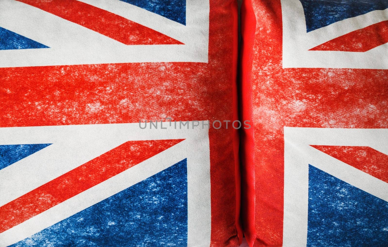 UK British flag cloth texture on pillows. Union Jack. Great Britain background.