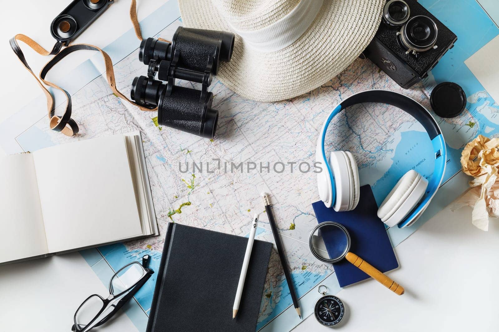 Travel still life. Outfit and accessories of traveler. Flat lay.