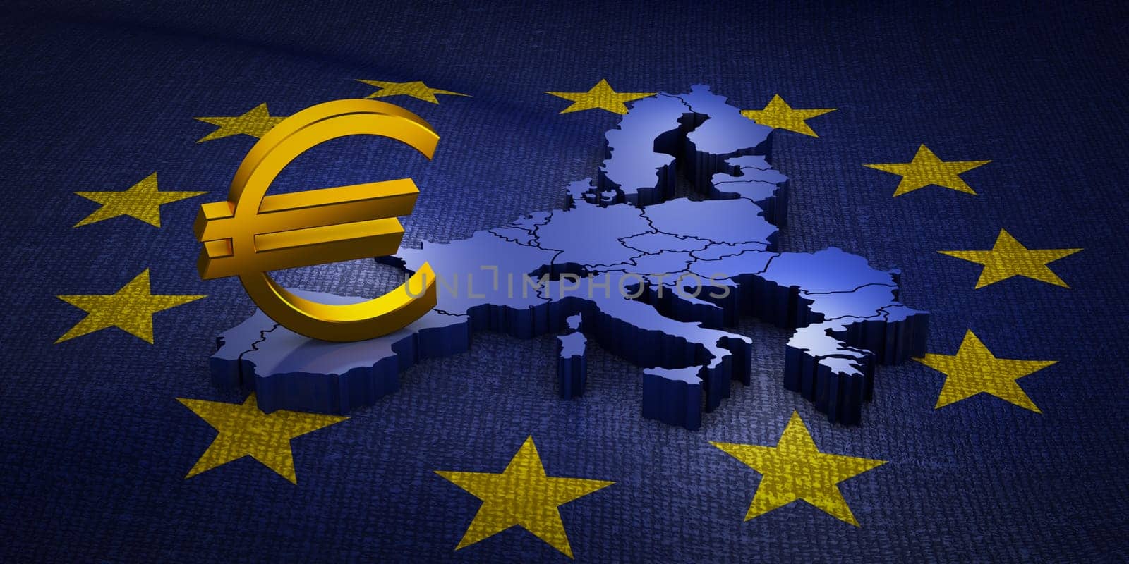 The sign of the Euro currency on the volumetric map of the European Union. 3d rendering.