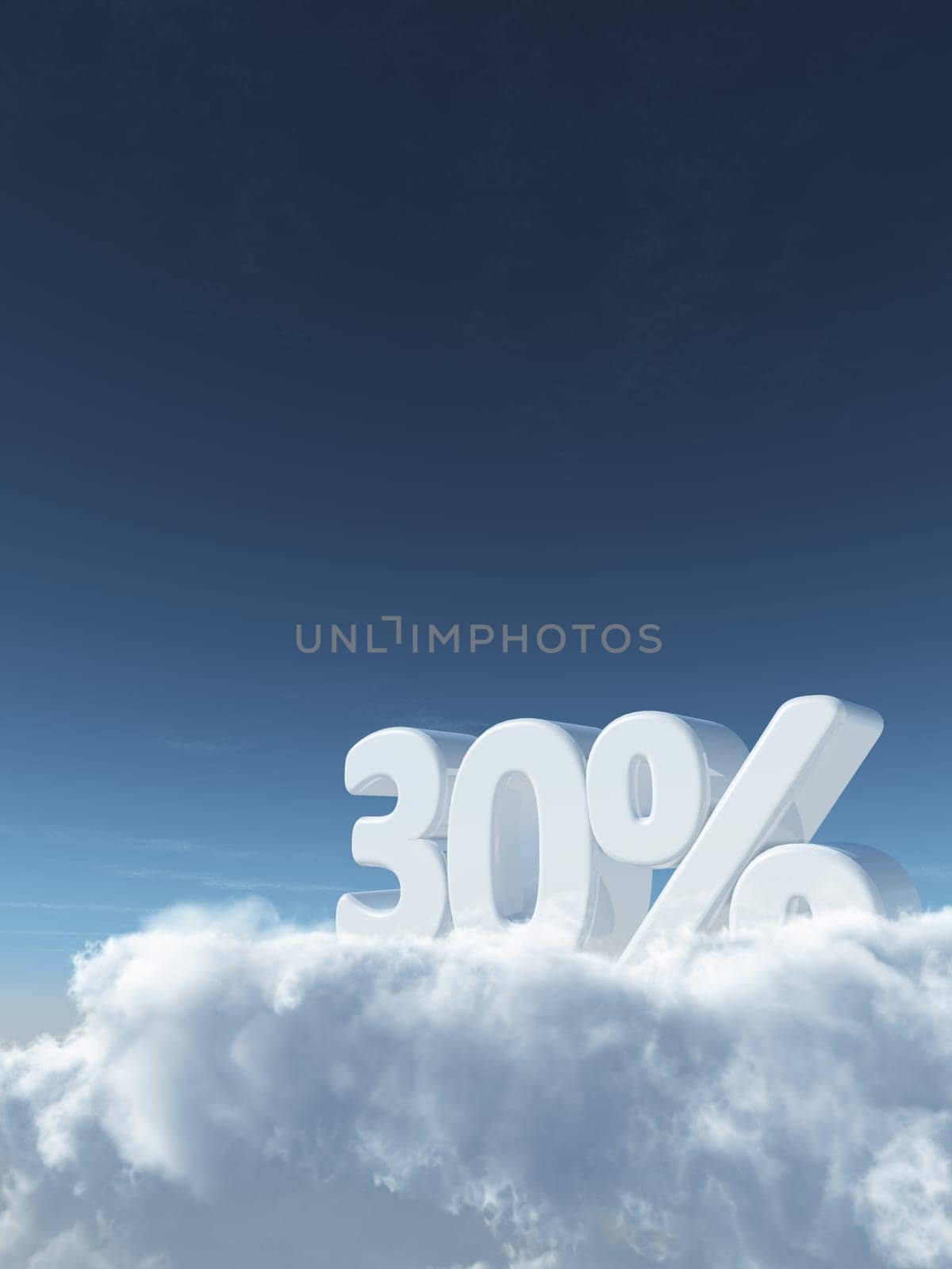 the number thirty and percent sign on clouds - 3d rendering