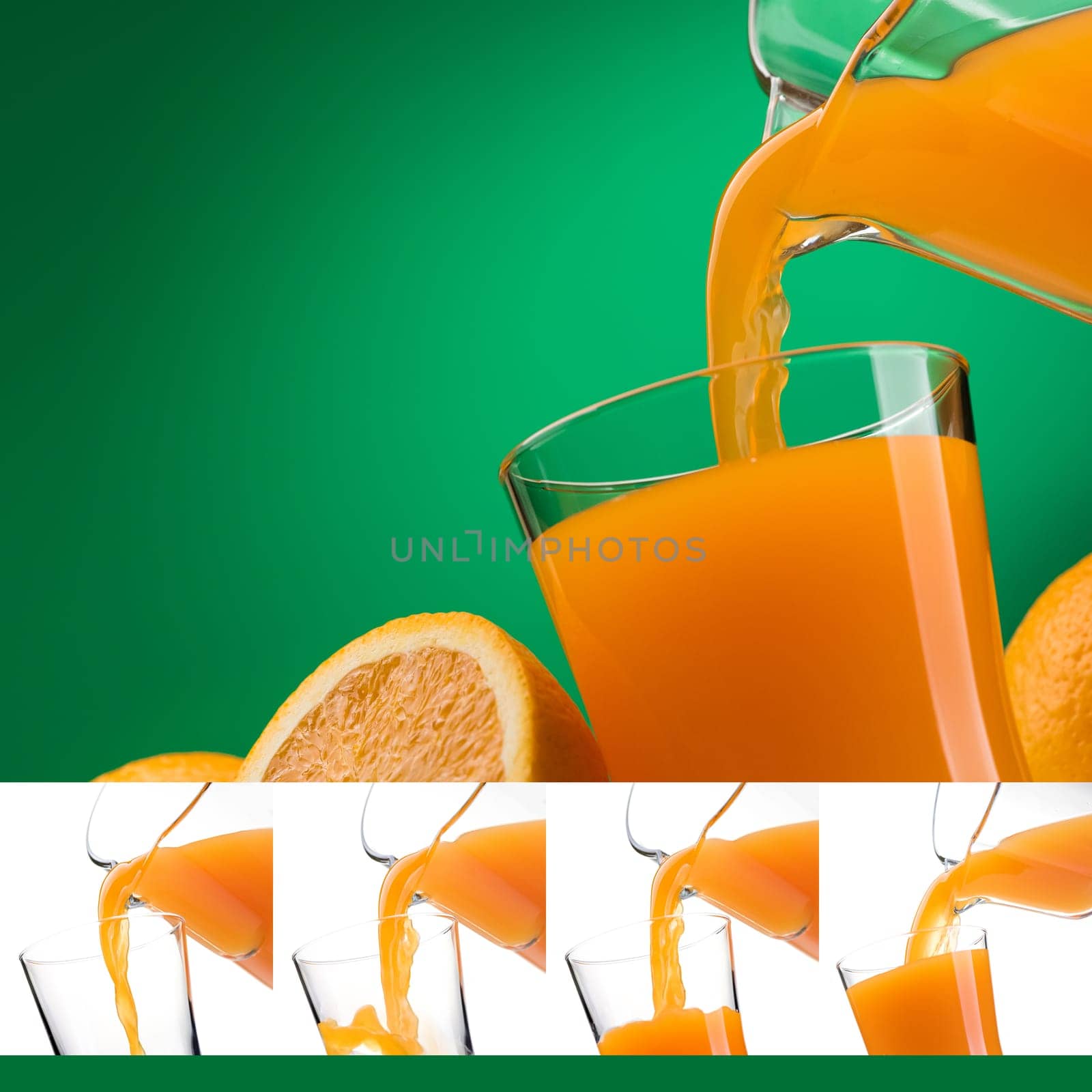 Pouring orange juice into a glass and fresh natural oranges, glass filling stages, photo collection