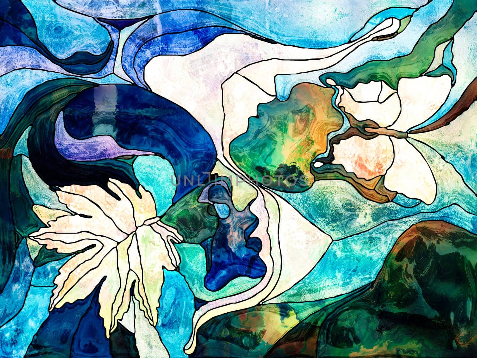 Stained Glass Forever series. Human profiles with autumn lea? and butterfly drawn with organic patterns on the subject of love, relationships and Unity with Nature.