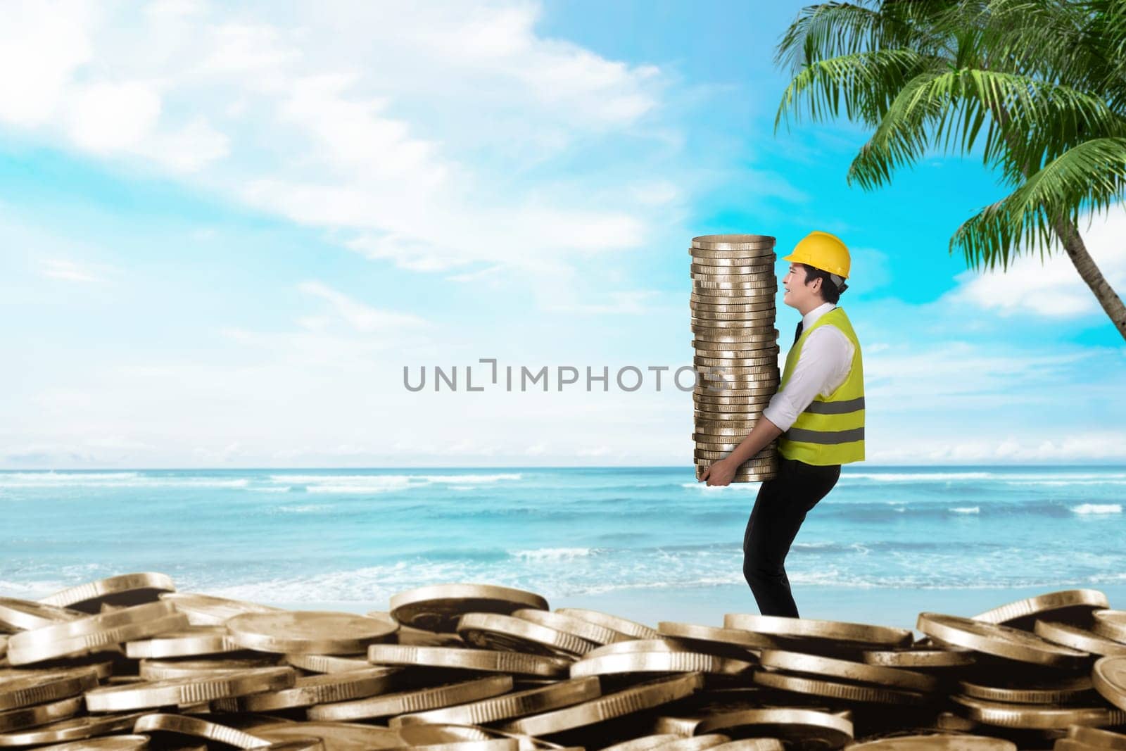 Side view of construction workers carrying coin stacks. Summer saving concept