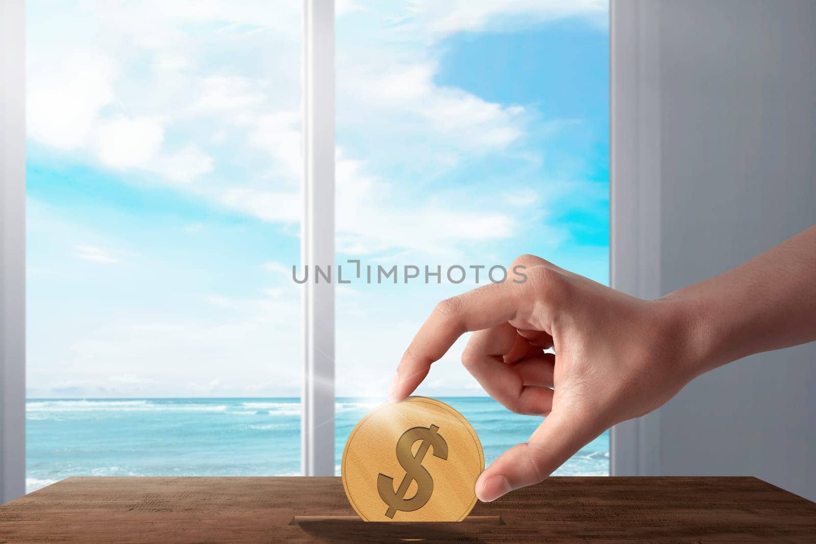 People hands put gold coin in to savings. Summer saving concept