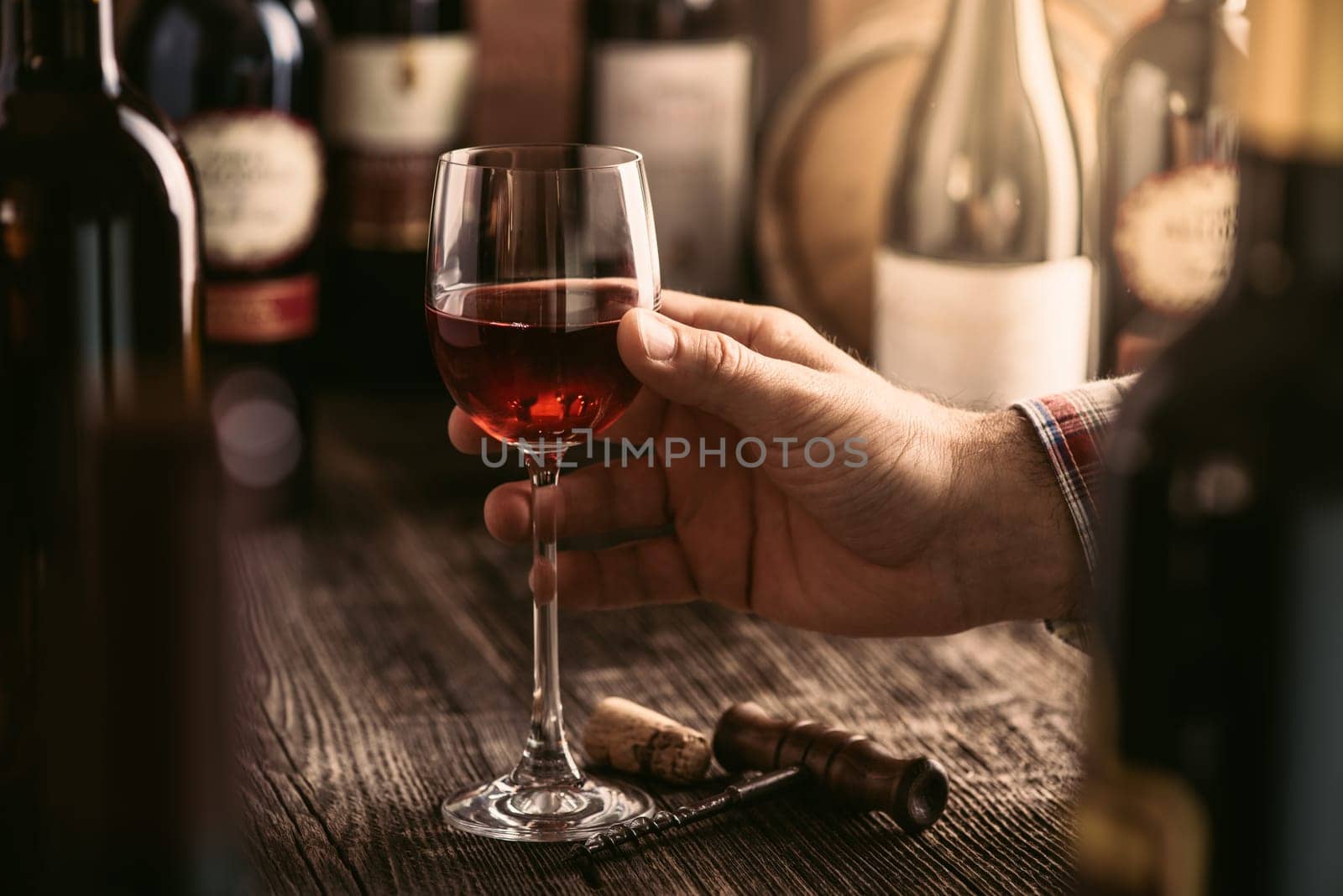 Wine tasting experience in the rustic cellar and wine bar: sommelier holding a glass of delicious red wine and excellent wine bottles collection on the background