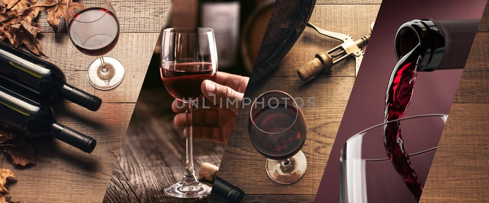 Wine tasting and winemaking photo collage with wine glasses and bottles