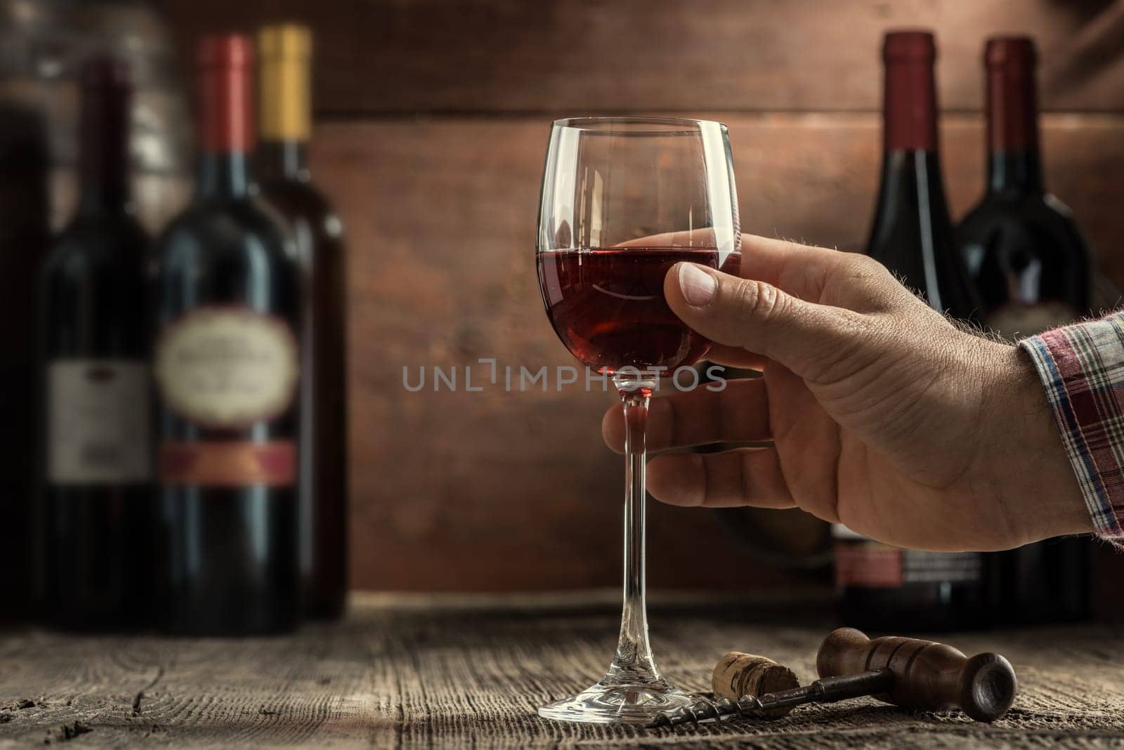 Wine tasting experience in the rustic cellar and wine bar: sommelier holding a glass of delicious red wine and excellent wine bottles collection on the background