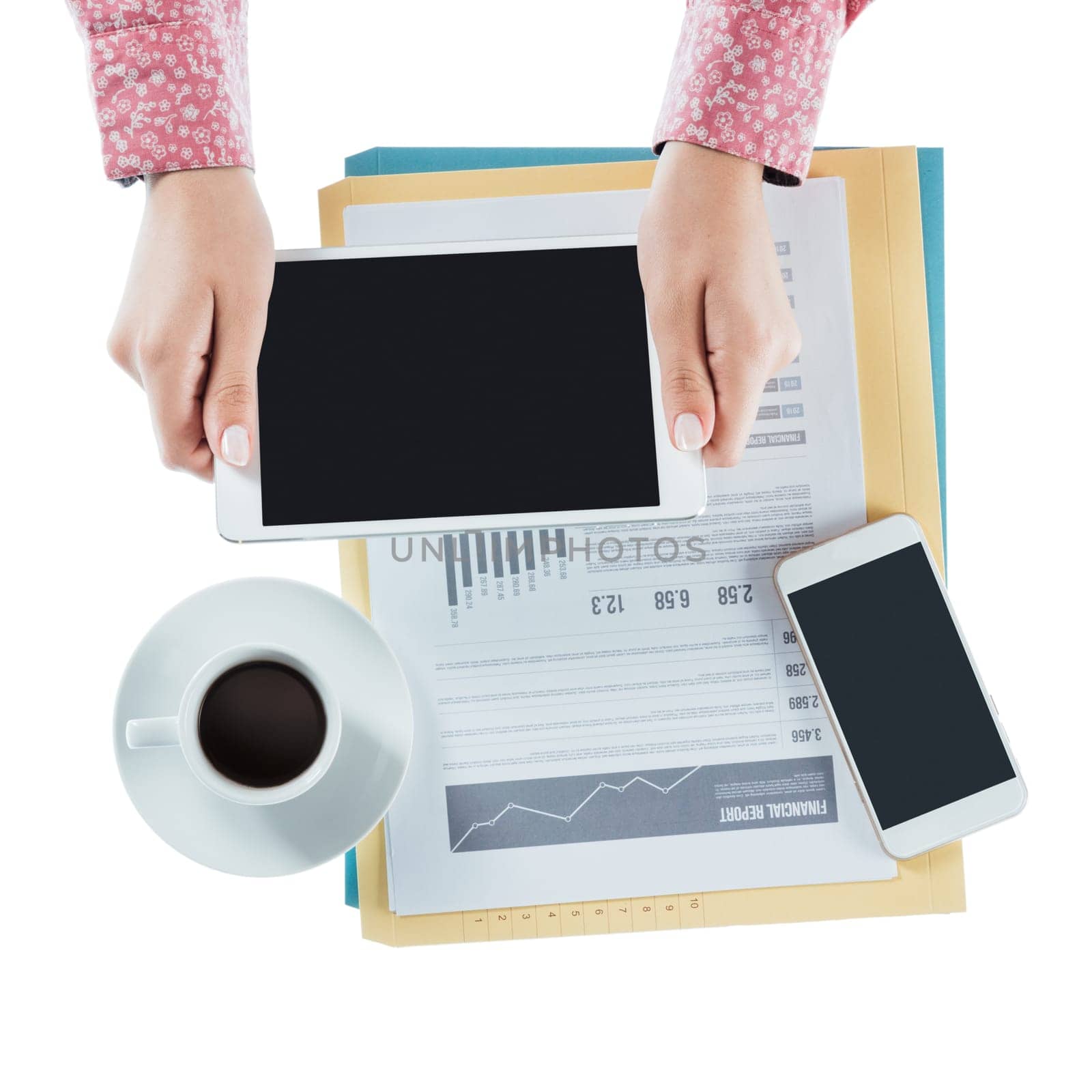 Business woman working at desk and using a digital tablet, hands close up, top view