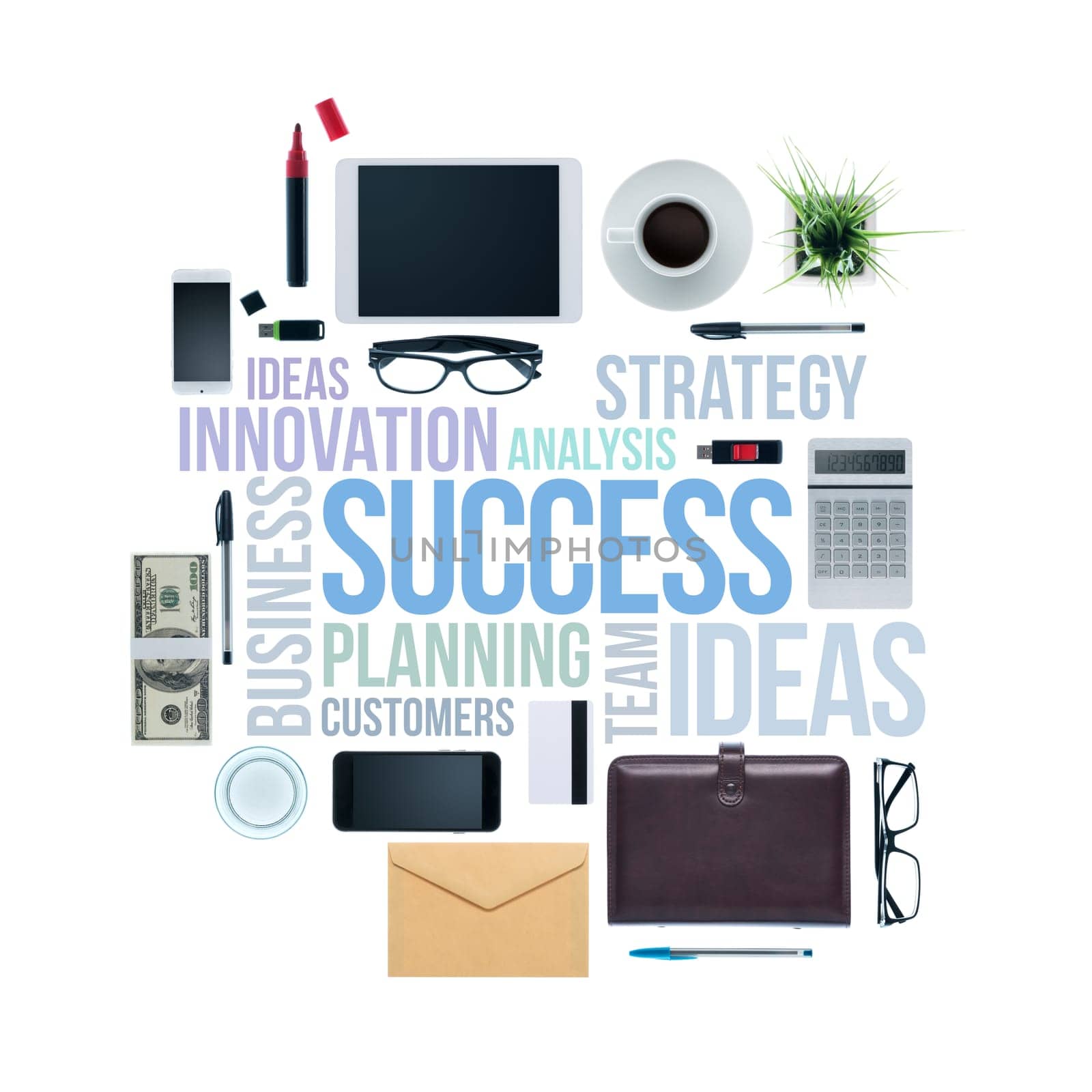 Tablet, smartphone and desktop objects on white background, business success text concepts on white background