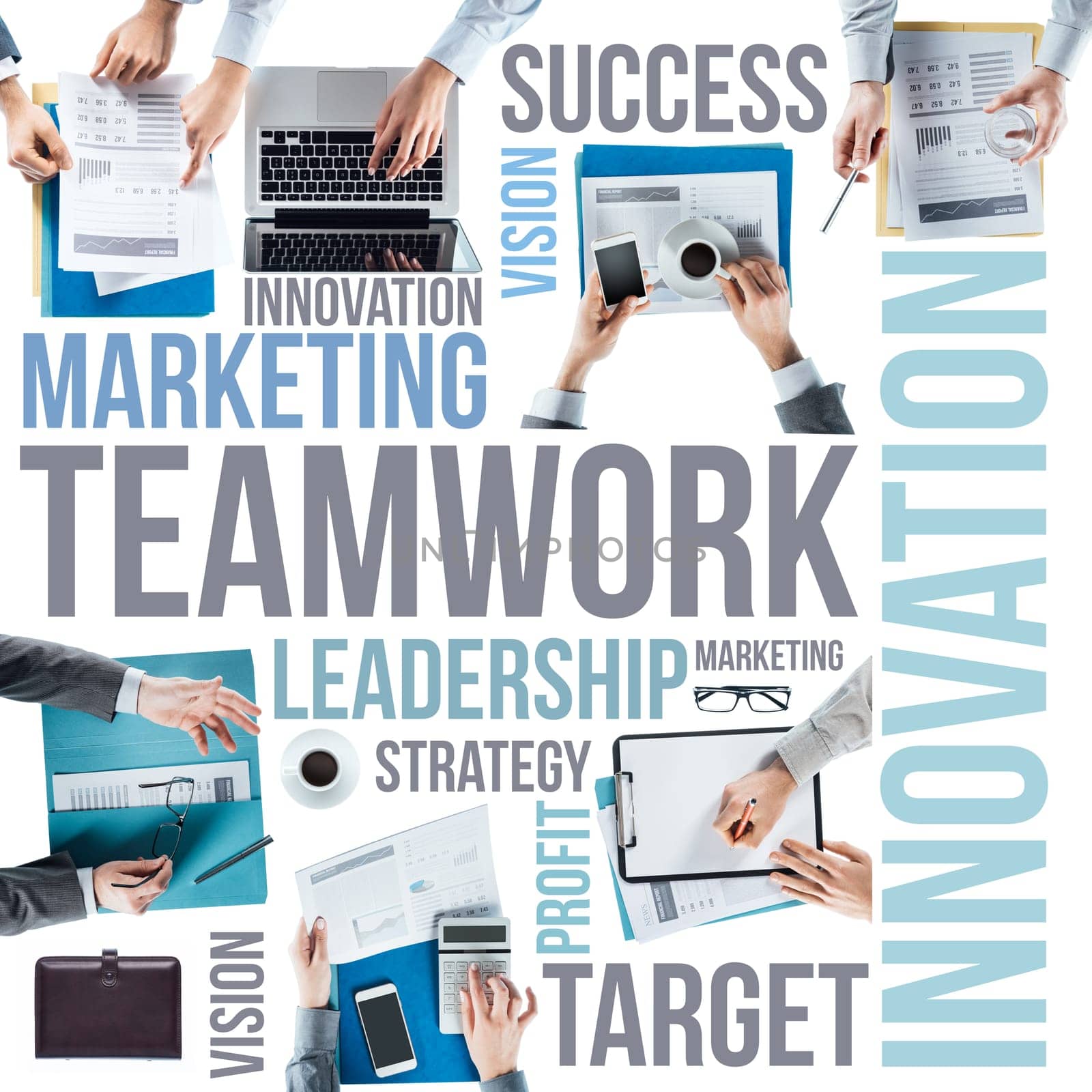 Business text concepts and business team working at office desk during a meeting, hands top view, unrecognizable people, strategy and teamwork concept