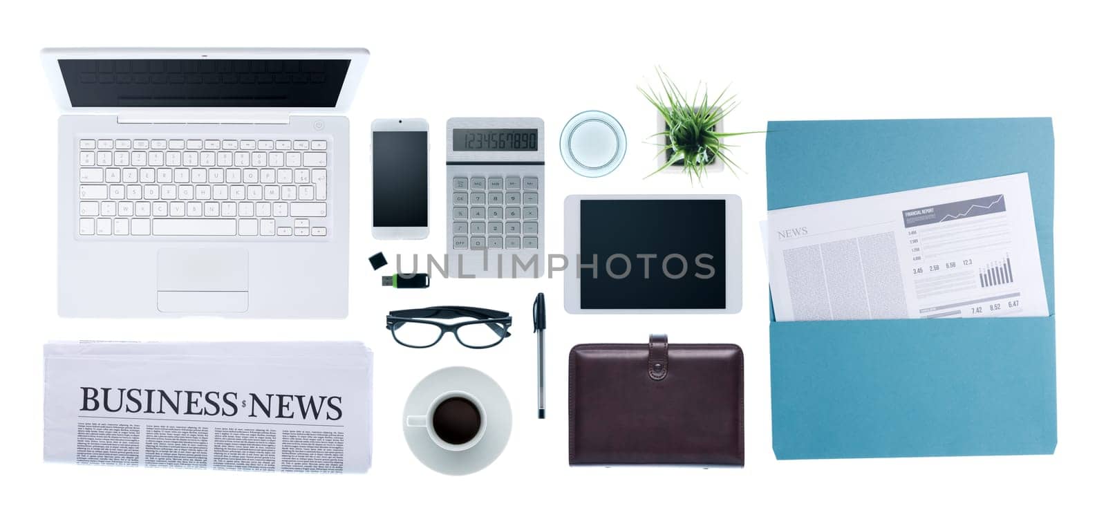 Hi-tech business desktop with computer, smartphone, paperwork and business news, top view on white background