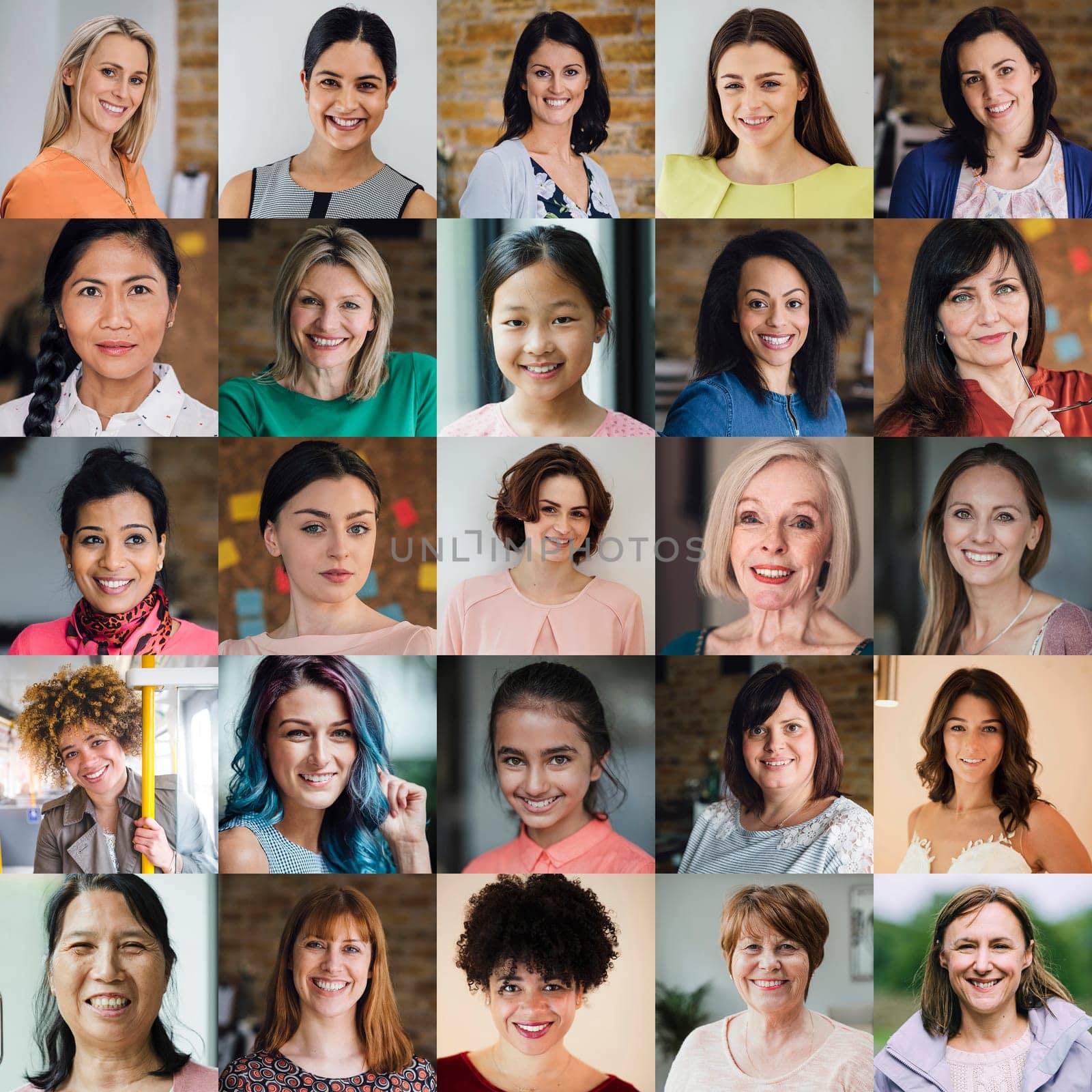 5X5 collage made up of headshot portraits of female adults and children.