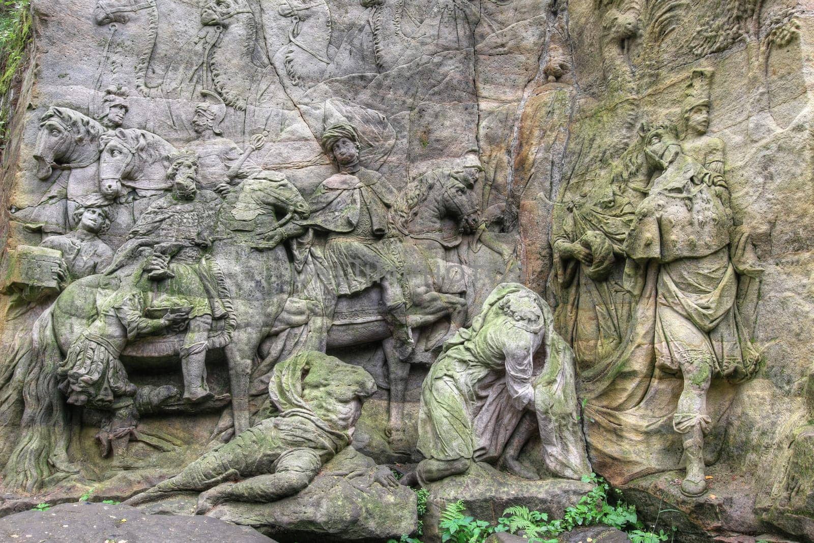 KUKS FOREST SCULPTURES, CZECH REPUBLIC, AUGUST 29, 2016 - Baroque reliefs by Matthias Bernard Braun