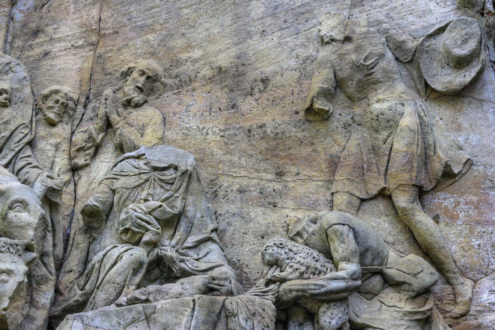 KUKS FOREST SCULPTURES, CZECH REPUBLIC, AUGUST 29, 2016 - Baroque reliefs by Matthias Bernard Braun