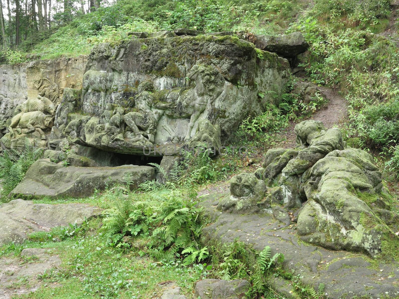 KUKS FOREST SCULPTURES, CZECH REPUBLIC, AUGUST 29, 2016 - Baroque reliefs by Matthias Bernard Braun
