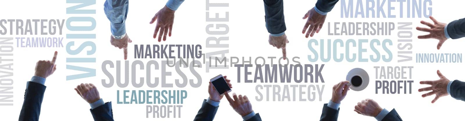 Financial success and business teamwork concept banner with text concepts and businessmen's hands top view