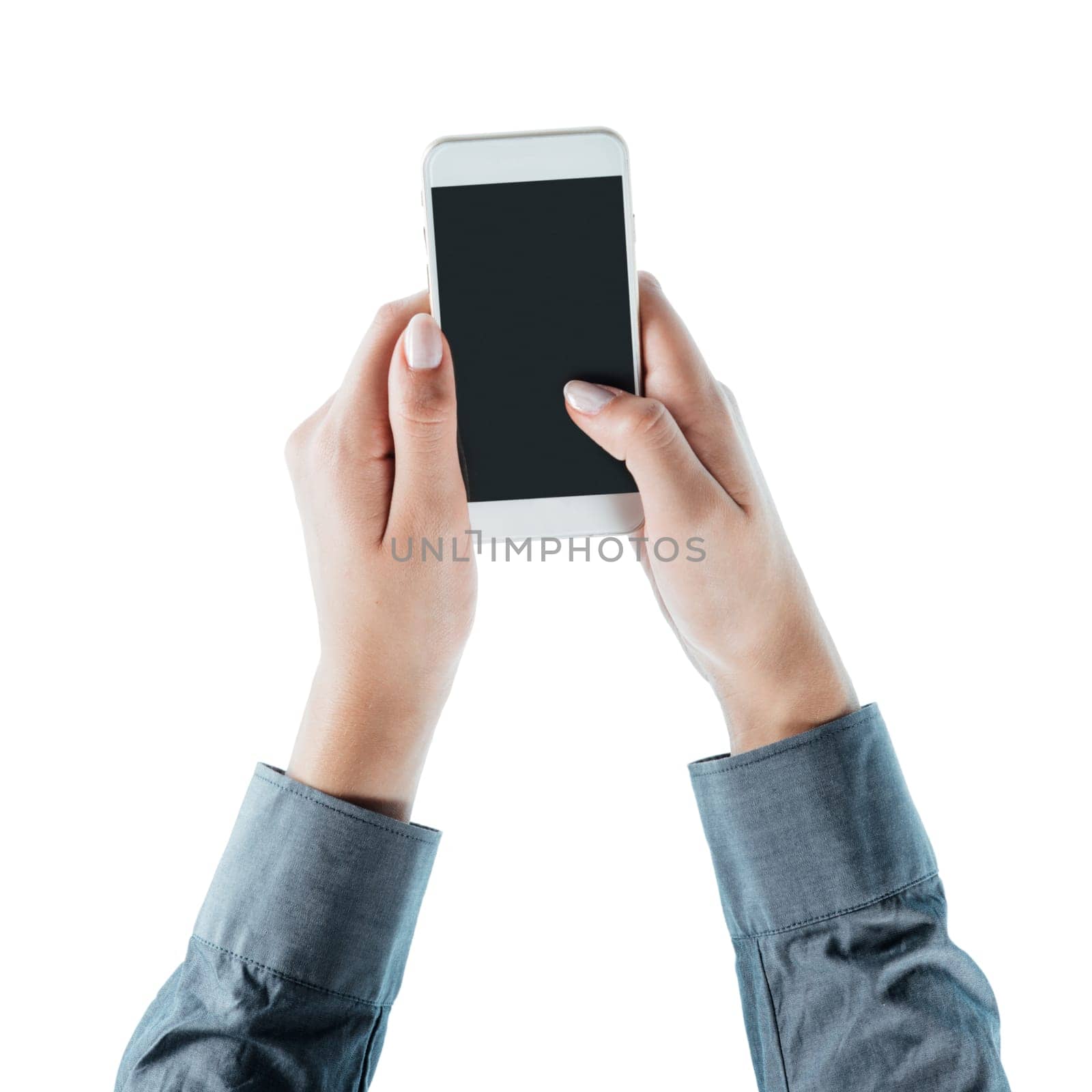 Business woman using a touch screen smart phone hands close up, top view, unrecognizable person