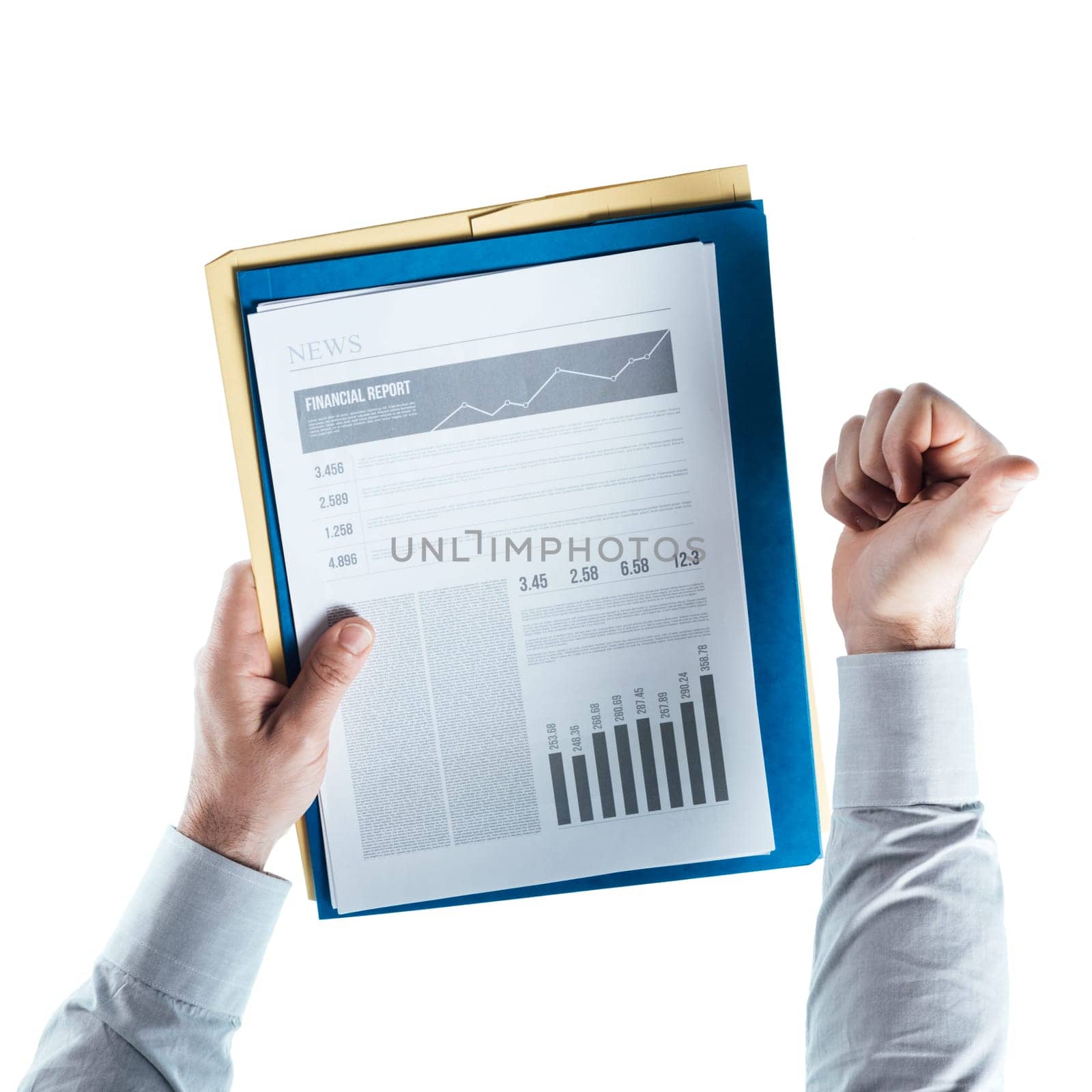 Successful businessman thumbs up holding a financial report on white background, hands close up