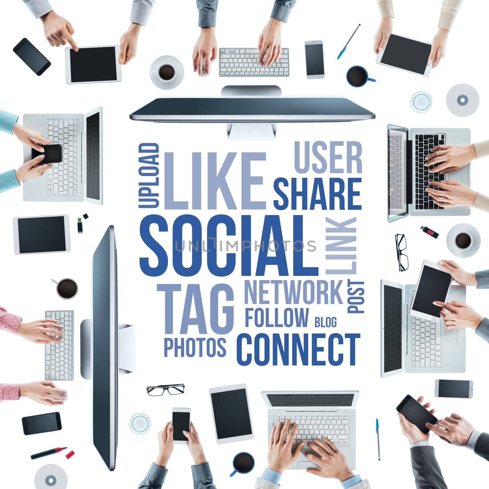 Business people social networking and using computers and touch screen tablets and smartphones, text concepts at center