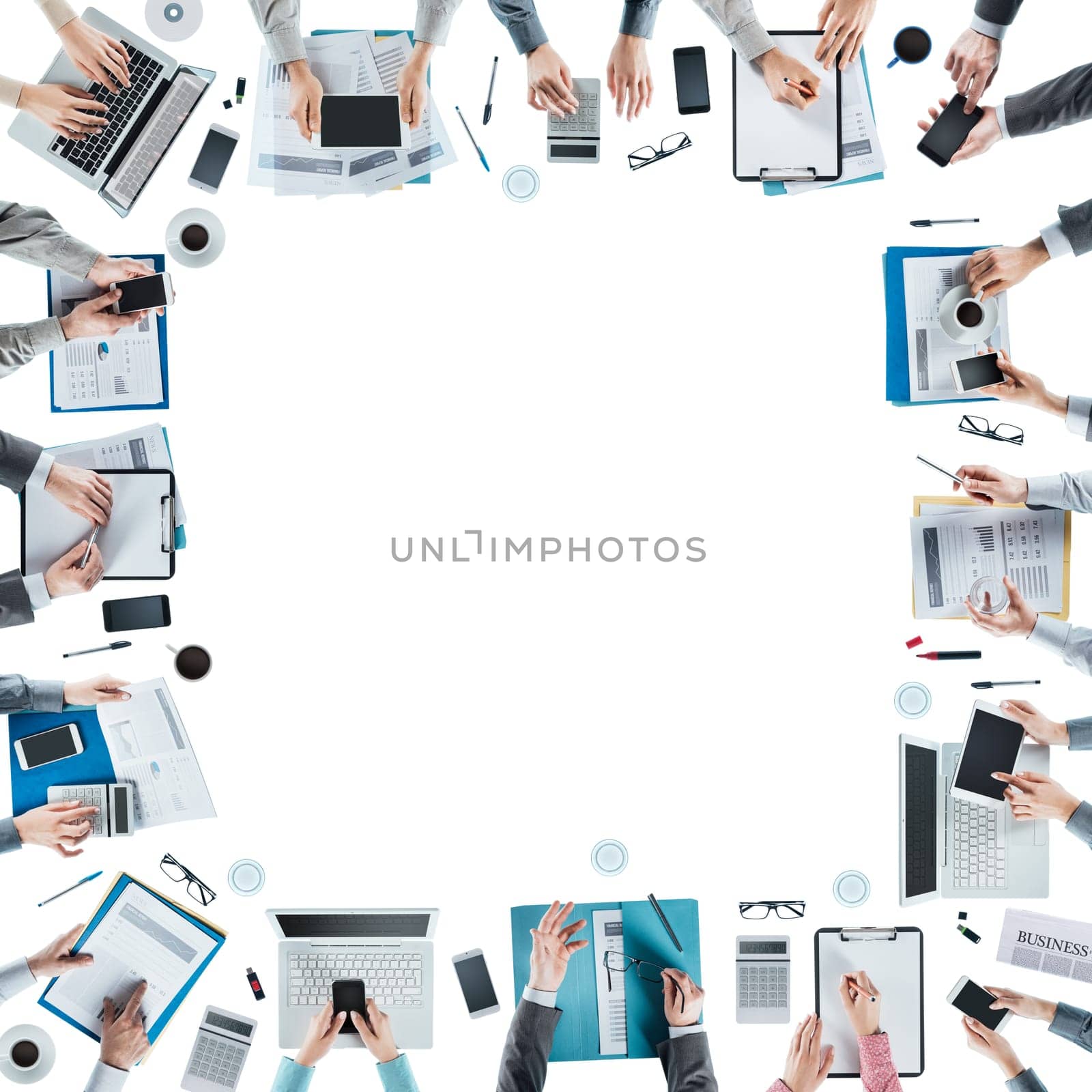 Business team meeting and working at office desk, hands top view, unrecognizable people, blank copy space