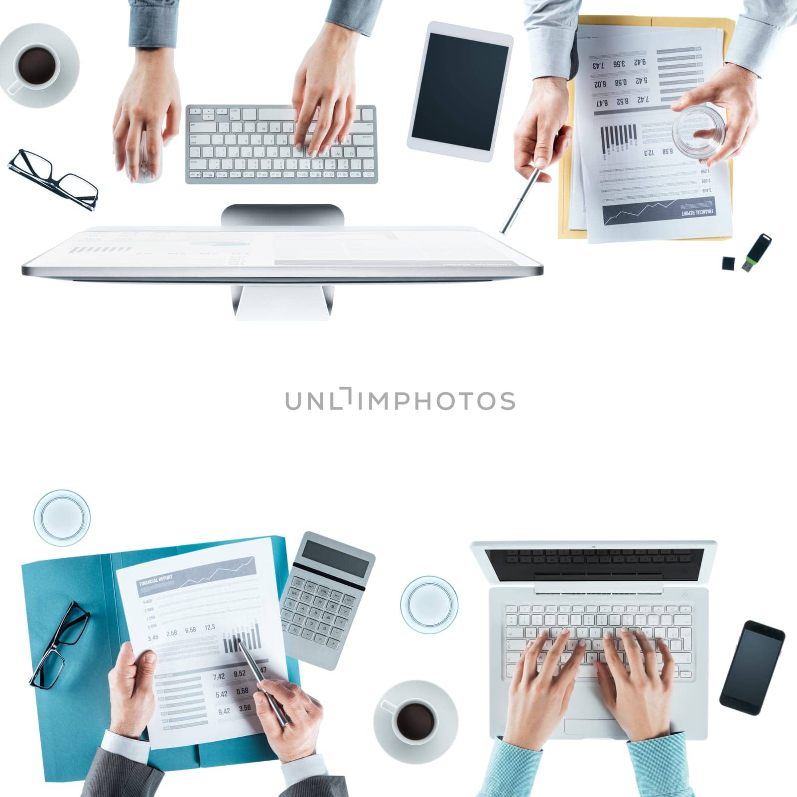 Business team working at office desk top view, blank copy space, unrecognizable people