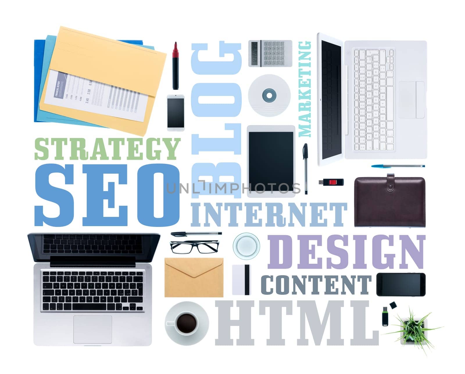 Seo and copywriting text concepts on a business work desktop with laptops, paperwork and other objects, top view, white background
