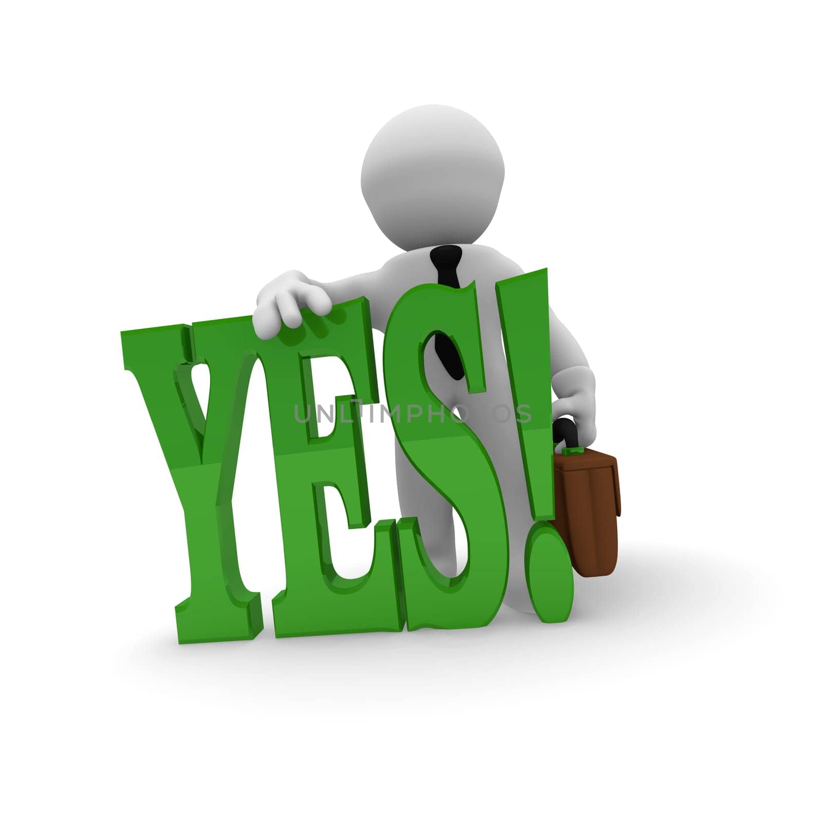 3d businessman with the word YES on a white background