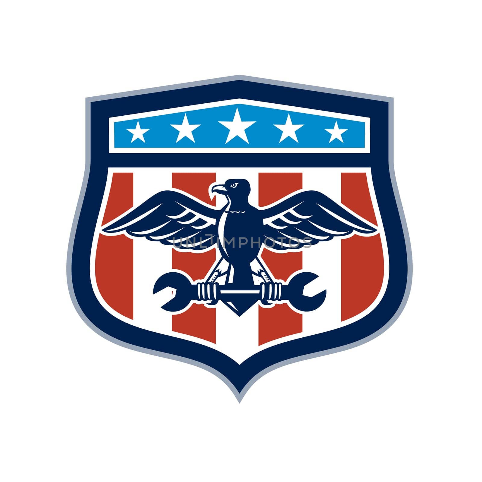 Icon retro style illustration of an American mechanic bald eagle clutching spanner wrench with United States of America USA star spangled banner or stars stripes flag inside crest isolated background.