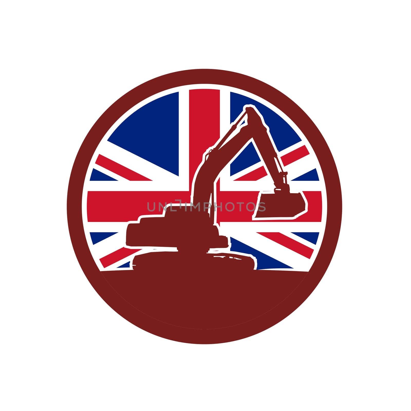 Icon retro style illustration of silhouette of a British mechanical digger or excavator viewed from side with United Kingdom UK, Great Britain Union Jack flag set inside circle on isolated background.