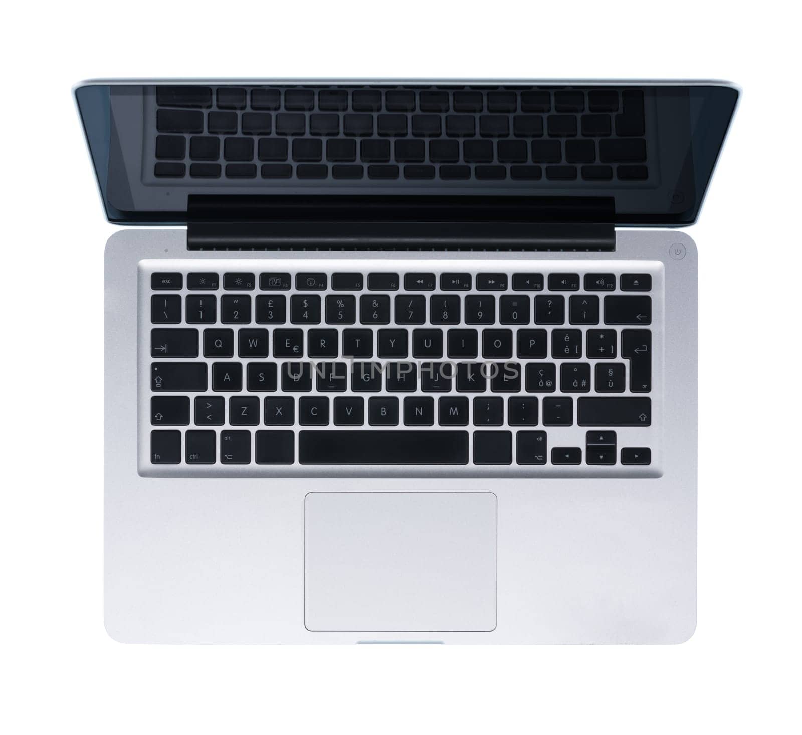 Modern metallic silver laptop isolated on white background, top view