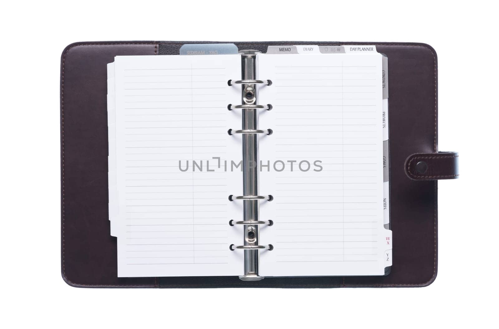 Open elegant leather organizer with blank pages isolated on white background